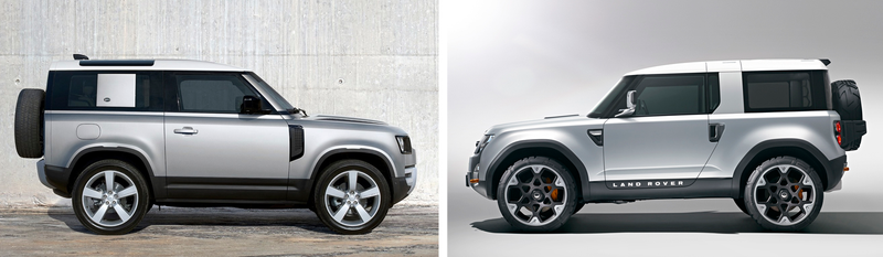 2020 Land Rover Defender on the left, 2011 Land Rover DC100 Concept on the right